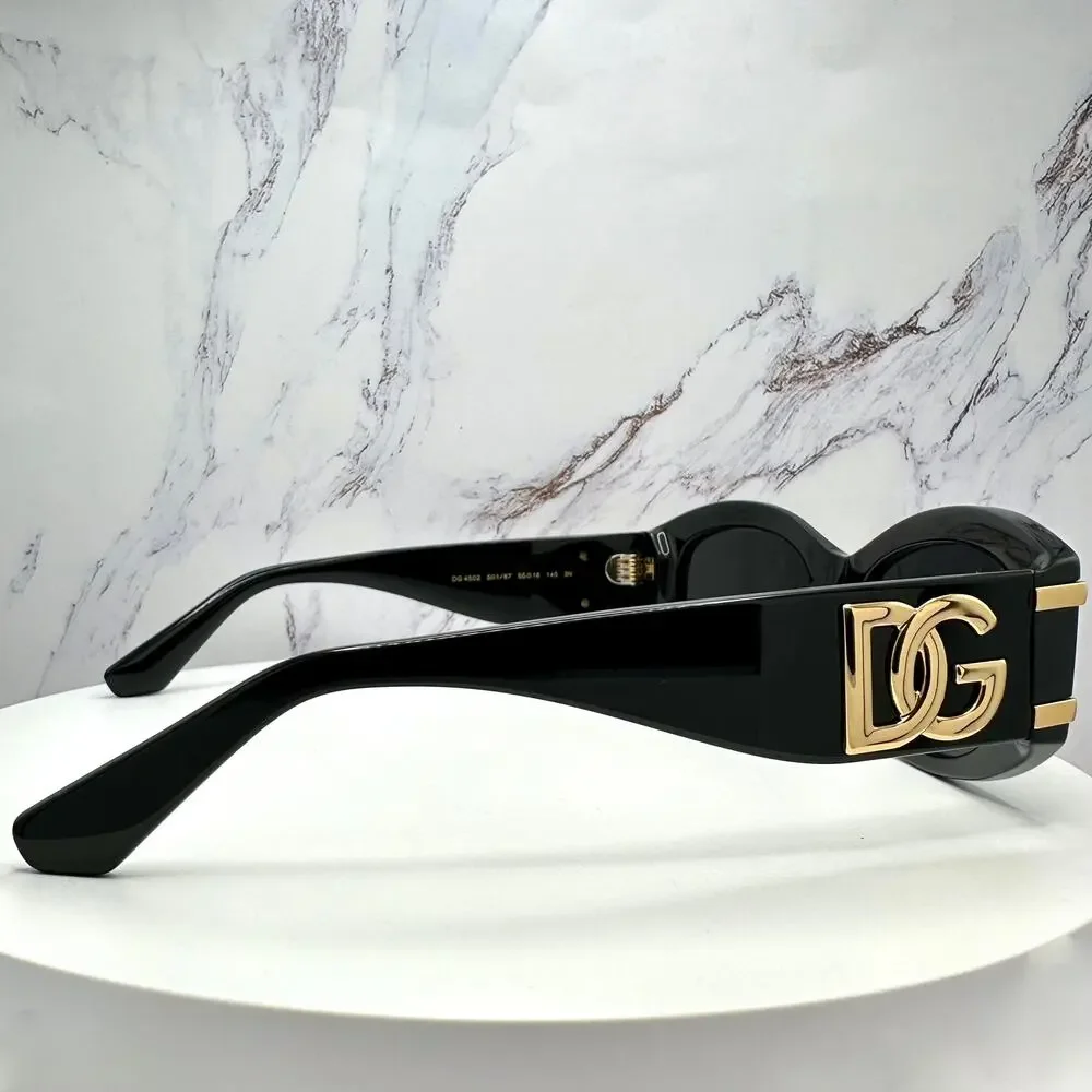 New Dolce & Gabbana Sunglasses Black Oval Acetate Gold Metal DG Gray Lens